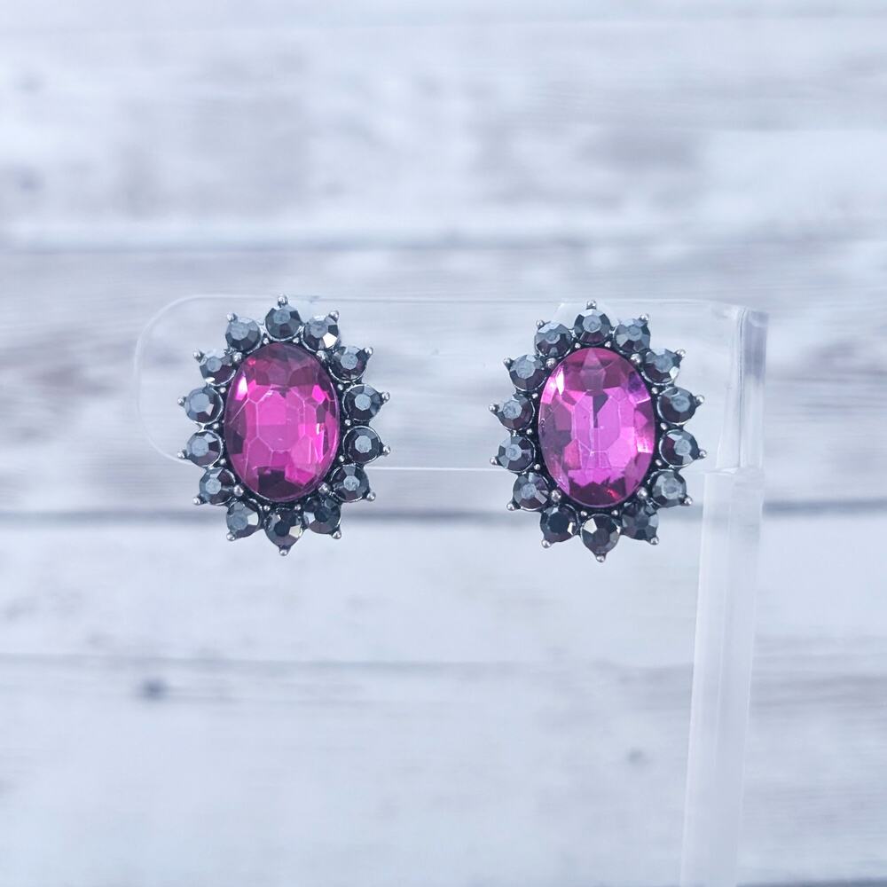 Vintage Clip On Earrings Regal Statement Pink & Black Gems Oval